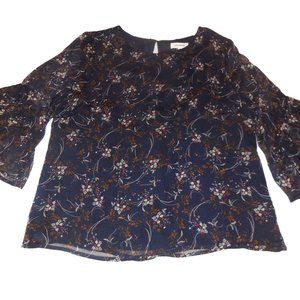 Blouse NWT SMALL Floral Chiffon Navy Blue ruffled sleeve tunic top careerwear
